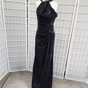 David Meister One Shoulder Black Sequin Dress